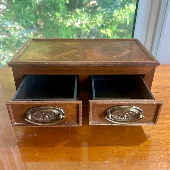 Vintage Wooden Parquet Style Two-Drawer Jewelry Trinket Box with Brass Pulls - Picture 3 of 16